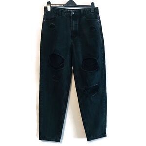 PrettyLittleThing Black Mom Jeans High Rise Distressed Relaxed Fit Women’s 8 29
